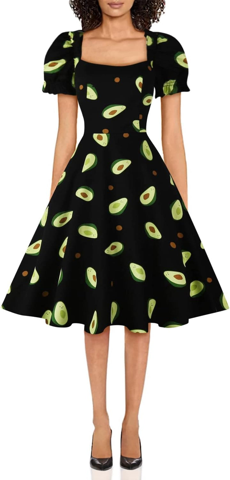 Women'S Puff Short Sleeve 1950S Party Dresses Square Neck Aline Dress with Pockets