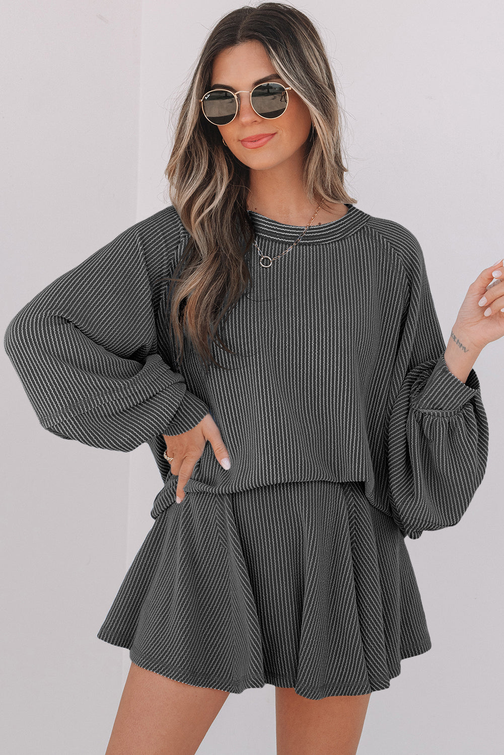 Sky Blue Corded Lantern Sleeve Top High Waist Ruffled Mini Skirt Set