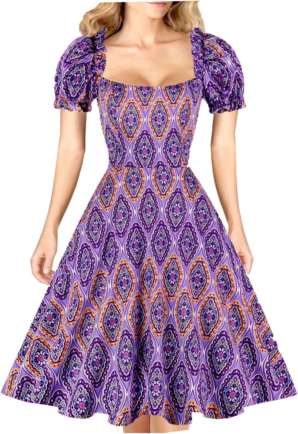 Women'S Puff Short Sleeve 1950S Party Dresses Square Neck Aline Dress with Pockets