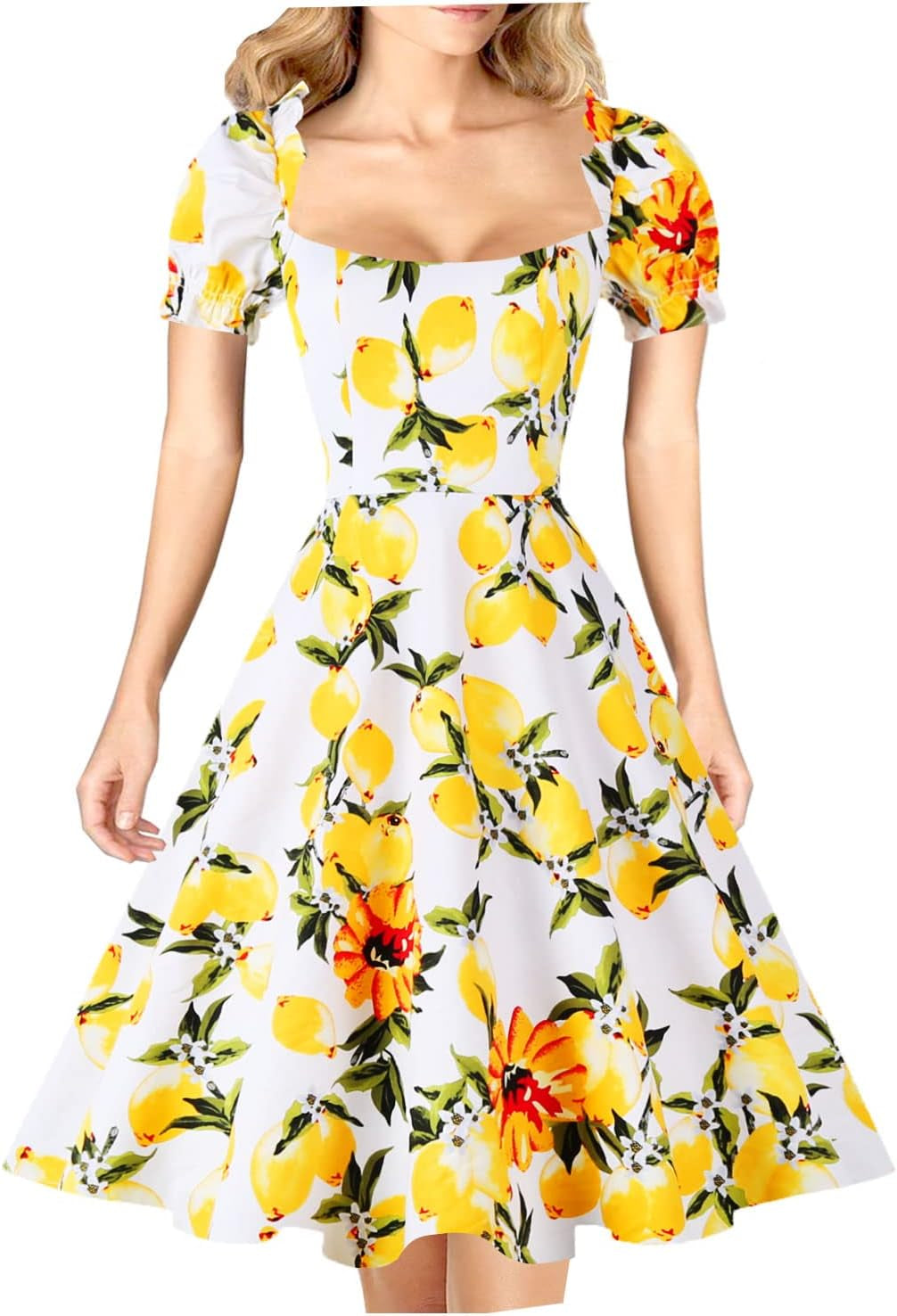 Women'S Puff Short Sleeve 1950S Party Dresses Square Neck Aline Dress with Pockets