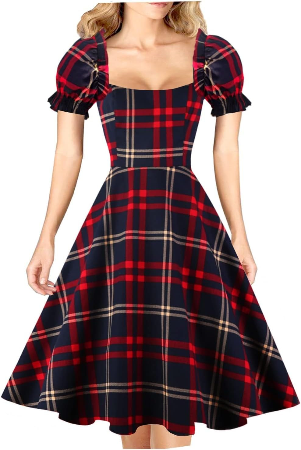 Women'S Puff Short Sleeve 1950S Party Dresses Square Neck Aline Dress with Pockets