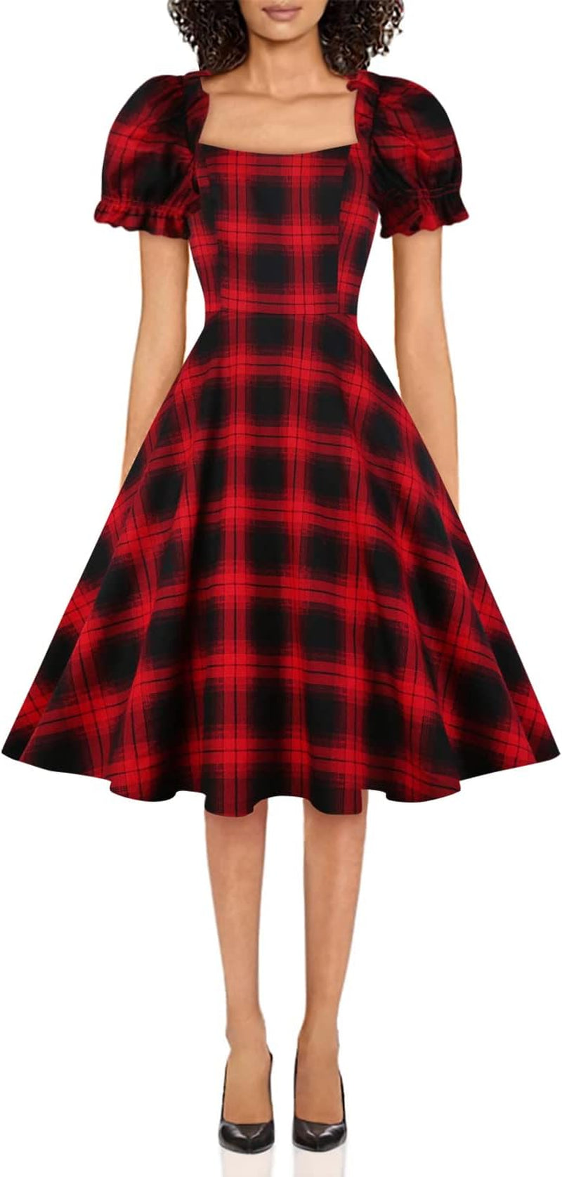 Women'S Puff Short Sleeve 1950S Party Dresses Square Neck Aline Dress with Pockets