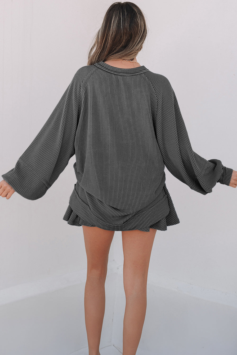Sky Blue Corded Lantern Sleeve Top High Waist Ruffled Mini Skirt Set