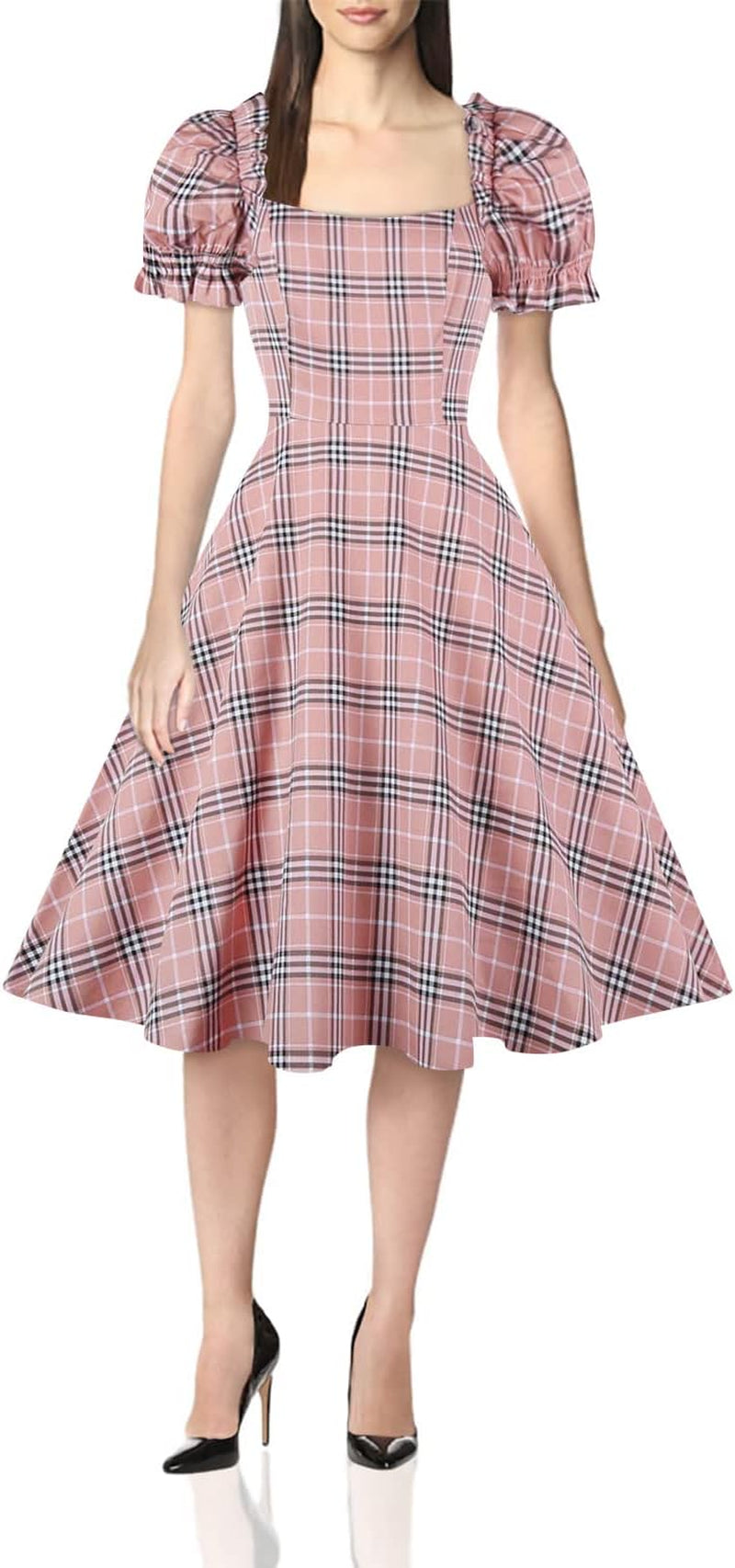 Women'S Puff Short Sleeve 1950S Party Dresses Square Neck Aline Dress with Pockets