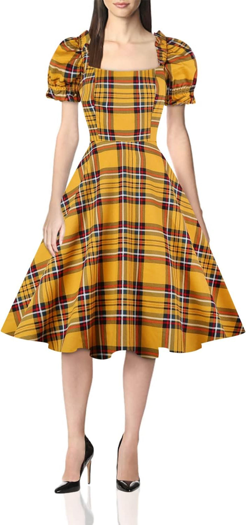 Women'S Puff Short Sleeve 1950S Party Dresses Square Neck Aline Dress with Pockets
