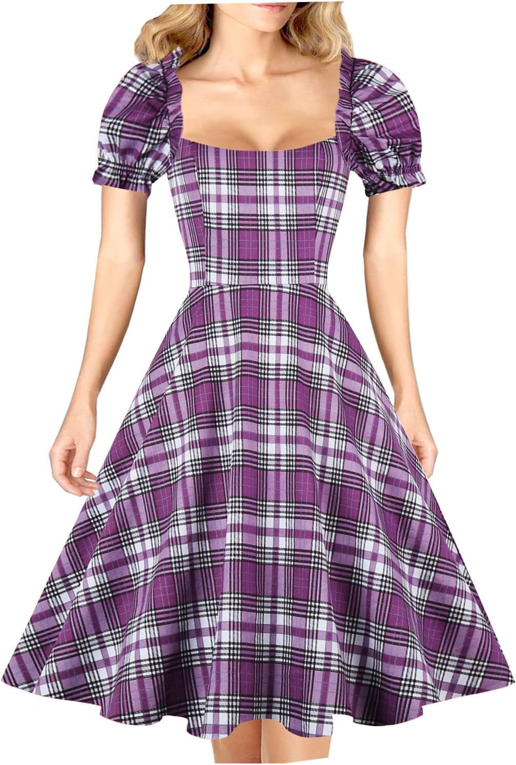 Women'S Puff Short Sleeve 1950S Party Dresses Square Neck Aline Dress with Pockets