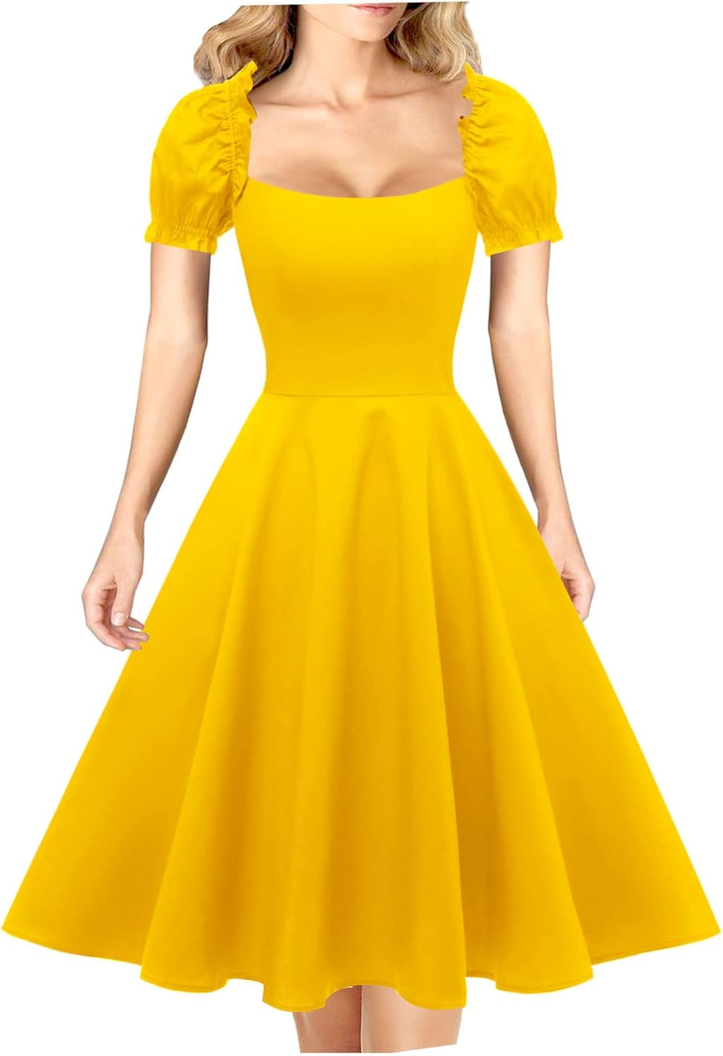 Women'S Puff Short Sleeve 1950S Party Dresses Square Neck Aline Dress with Pockets