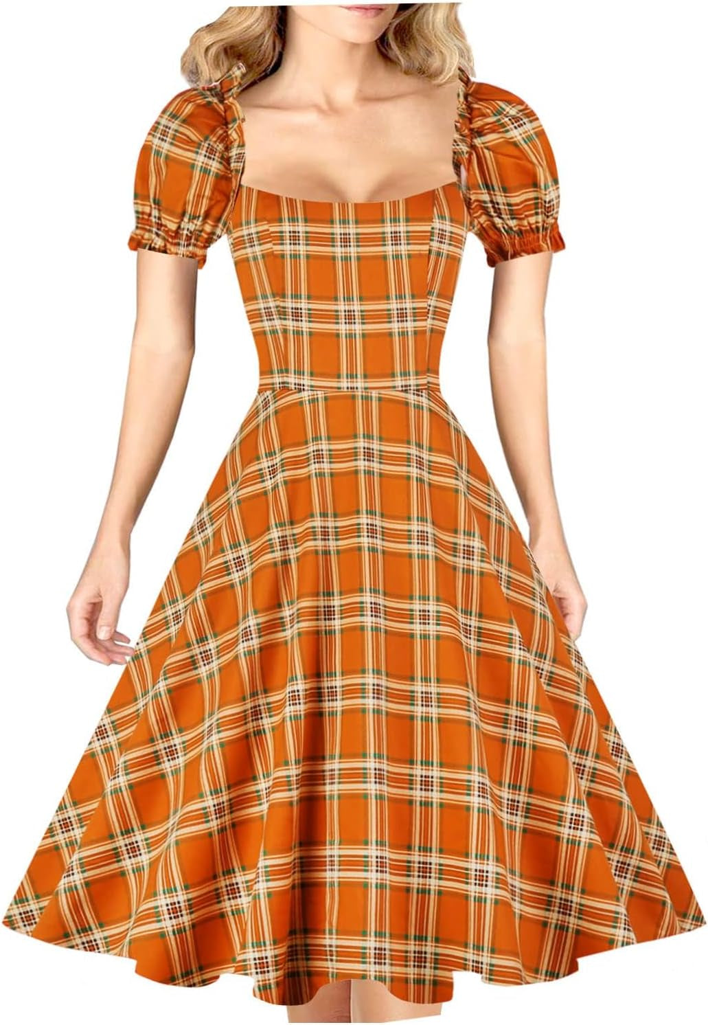 Women'S Puff Short Sleeve 1950S Party Dresses Square Neck Aline Dress with Pockets