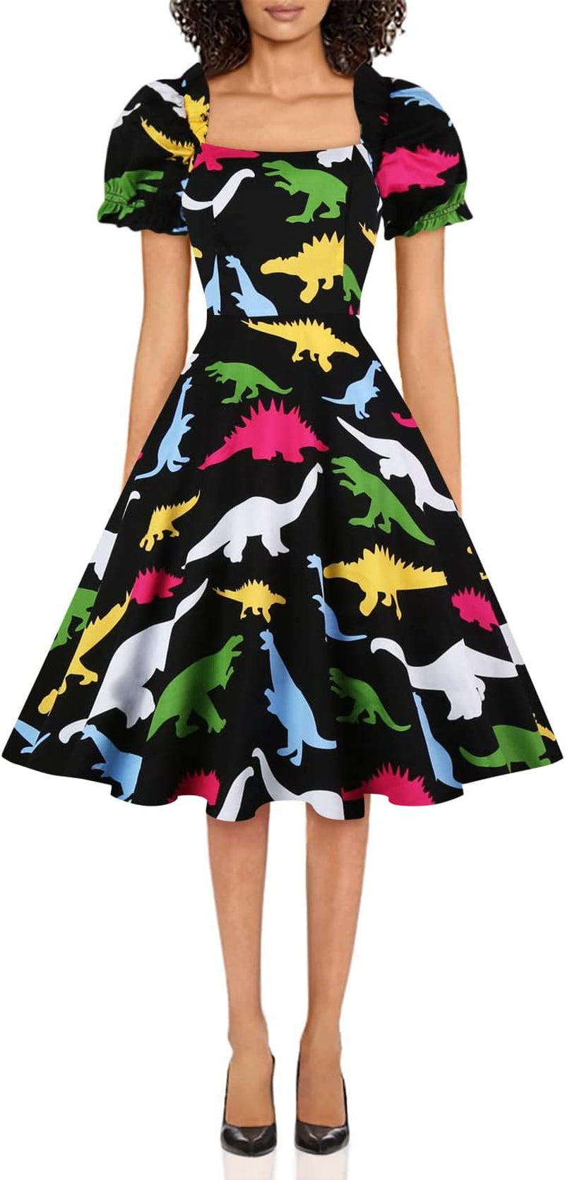 Women'S Puff Short Sleeve 1950S Party Dresses Square Neck Aline Dress with Pockets