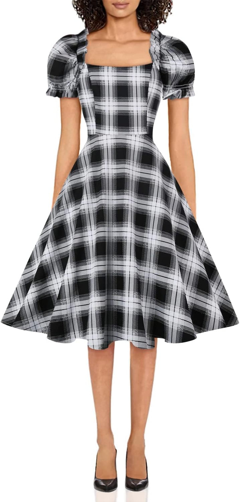 Women'S Puff Short Sleeve 1950S Party Dresses Square Neck Aline Dress with Pockets