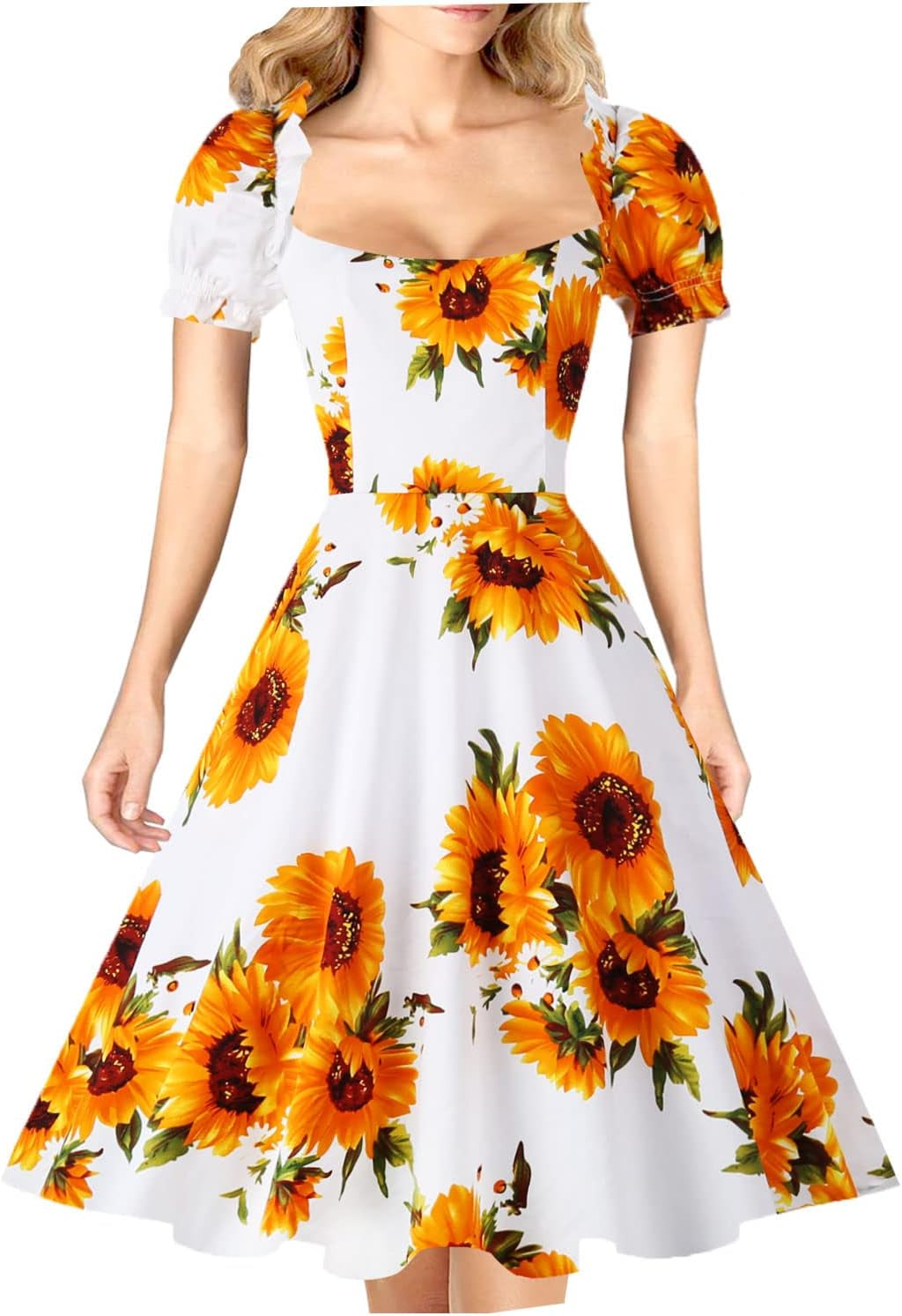 Women'S Puff Short Sleeve 1950S Party Dresses Square Neck Aline Dress with Pockets