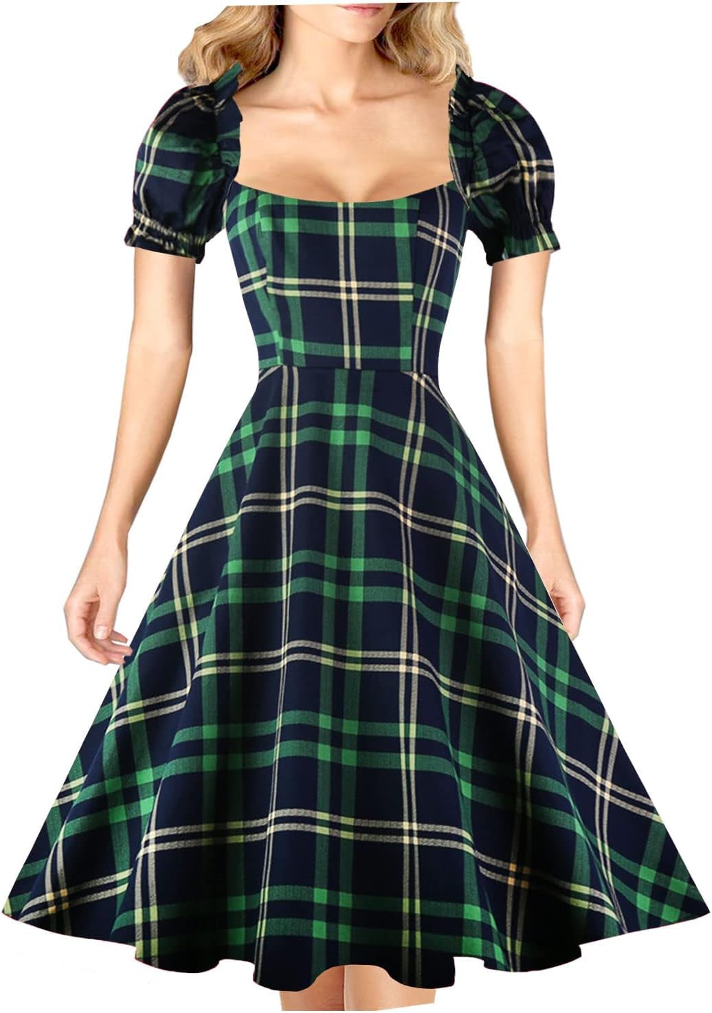Women'S Puff Short Sleeve 1950S Party Dresses Square Neck Aline Dress with Pockets