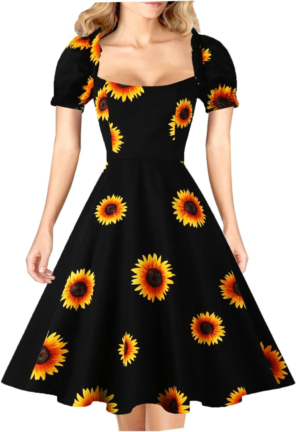 Women'S Puff Short Sleeve 1950S Party Dresses Square Neck Aline Dress with Pockets