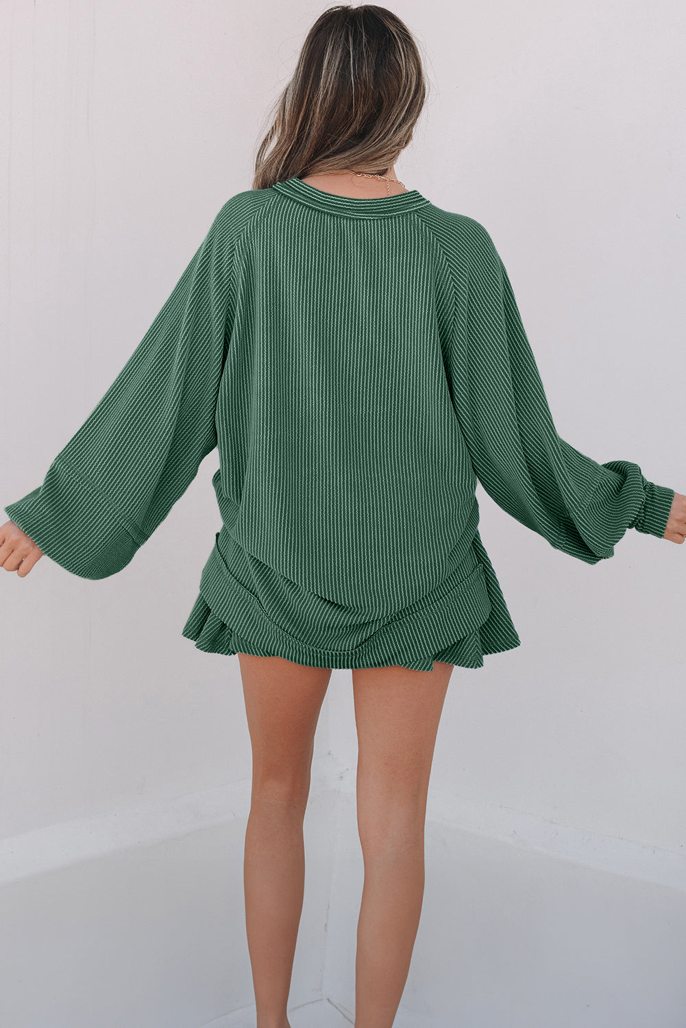 Sky Blue Corded Lantern Sleeve Top High Waist Ruffled Mini Skirt Set