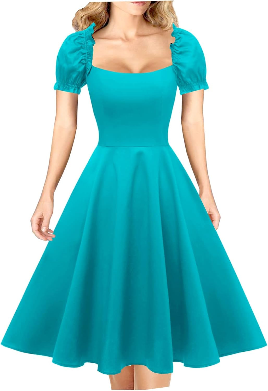 Women'S Puff Short Sleeve 1950S Party Dresses Square Neck Aline Dress with Pockets
