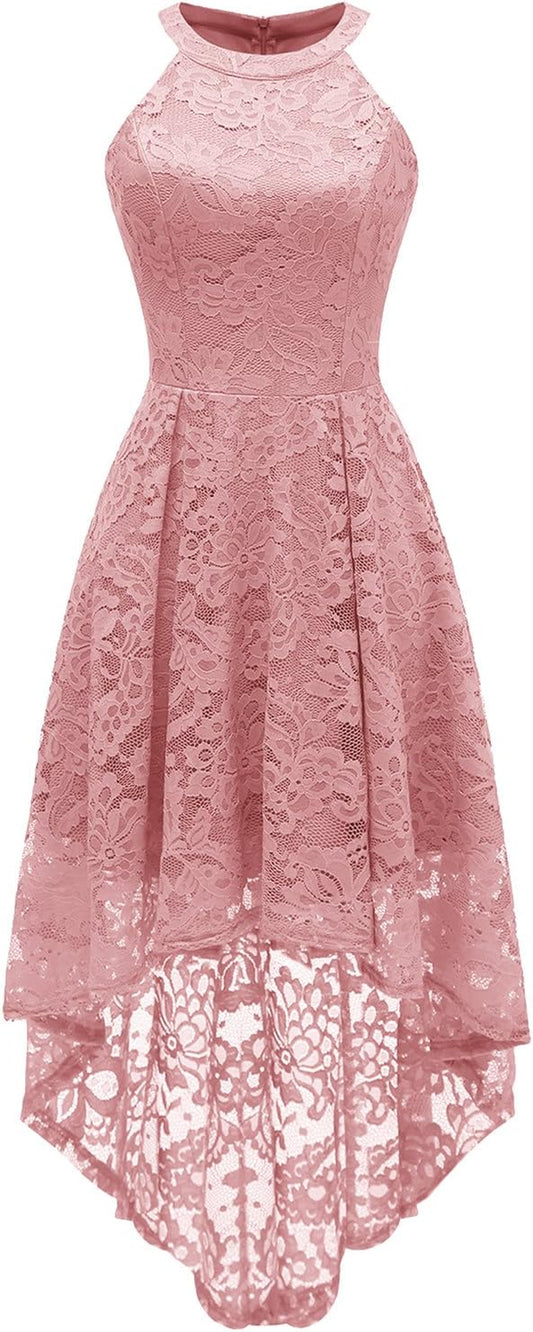 Women's Halter Lace Hi-Lo Cocktail Dress for Wedding Guests and Bridesmaids